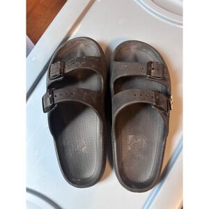 BEBE Black Two Strap Buckle Slides Sandals Comfort Casual Shoes